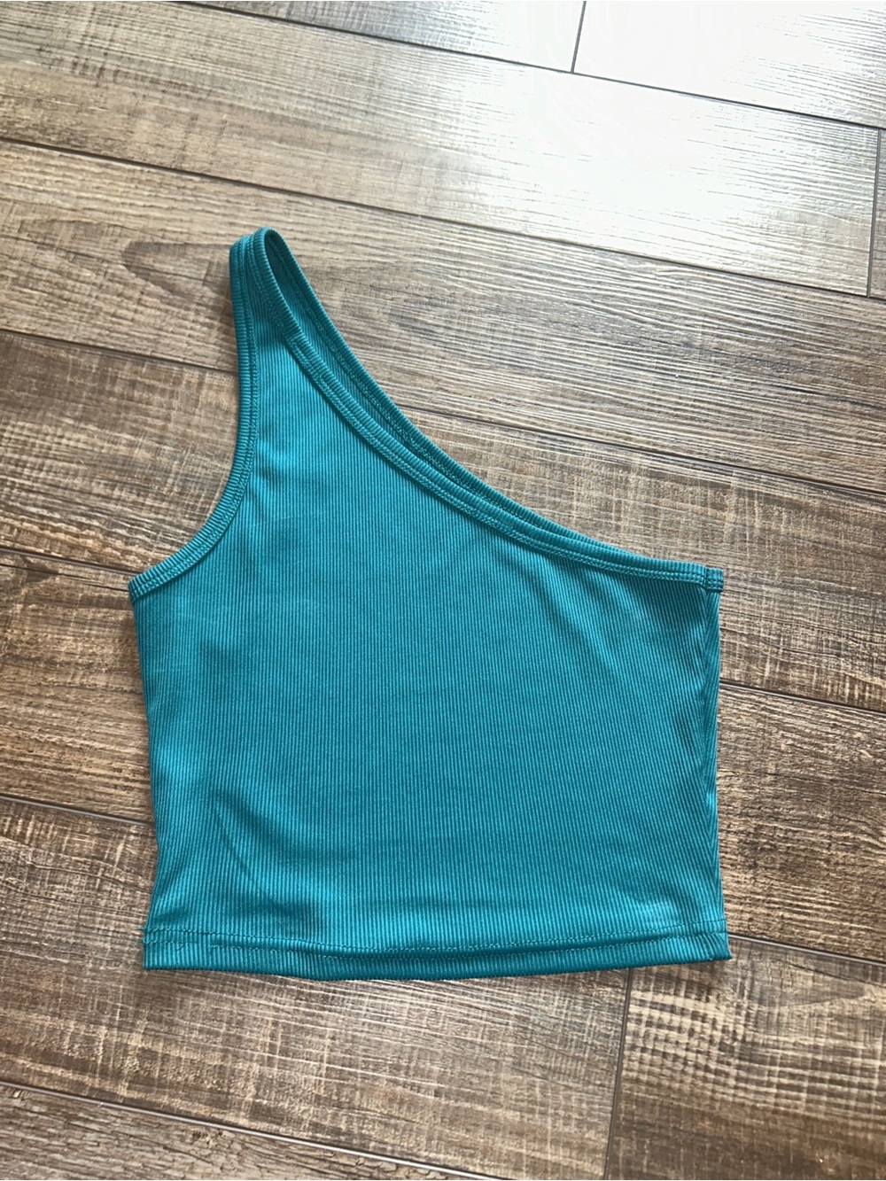 One-Shoulder Teal Ribbed Crop Top - Women